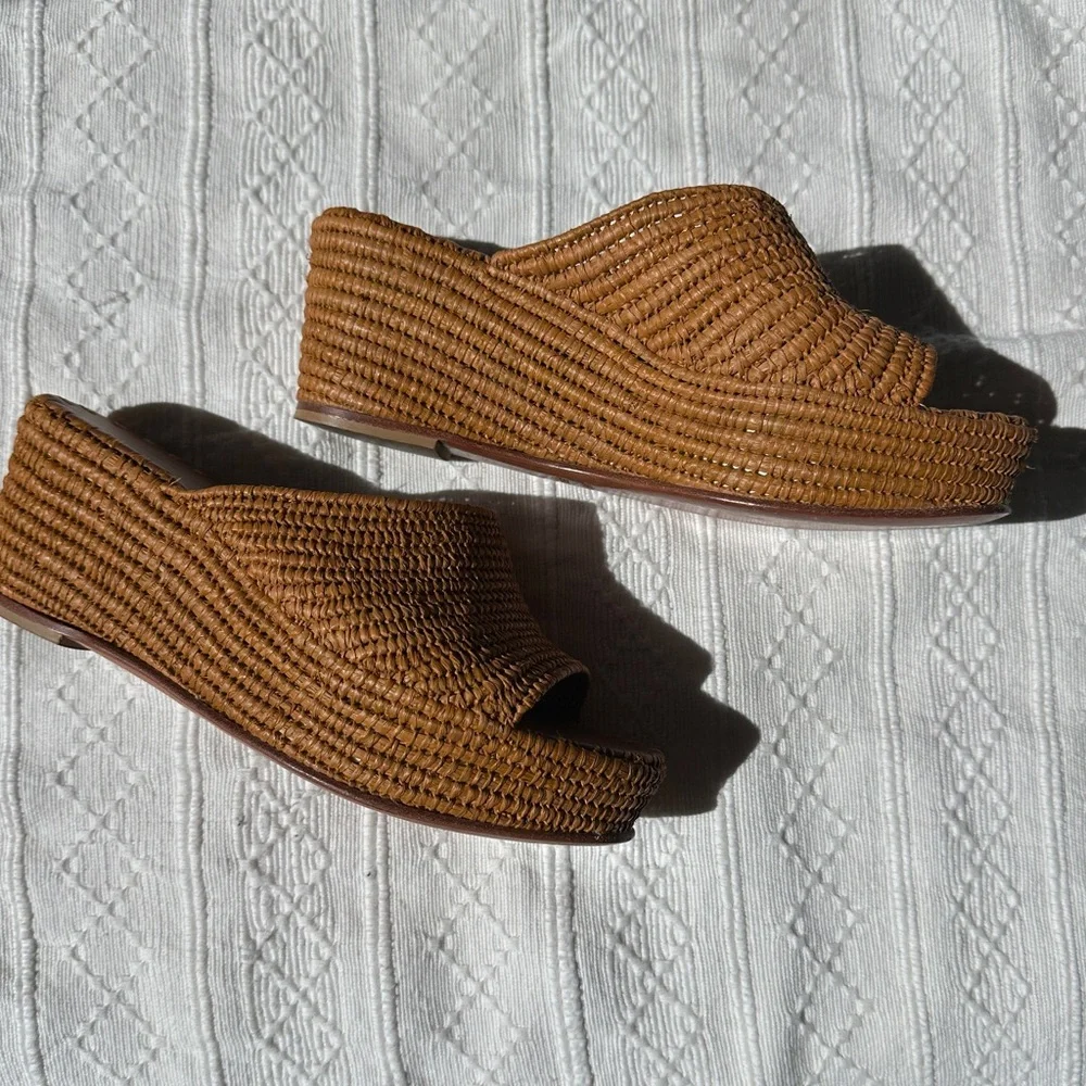 Anthropologie Tan Woven Platform Wedge Slides